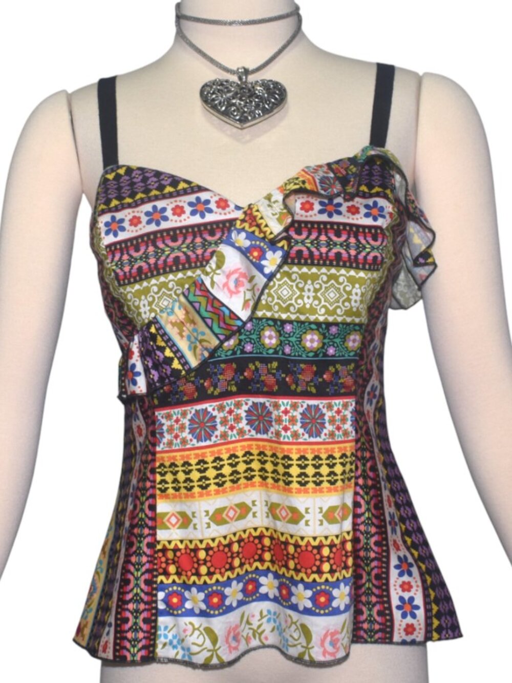 Anna Sui for Anthropologie Colorful Floral Print Cami Top Ruffle Festival 4 XS
